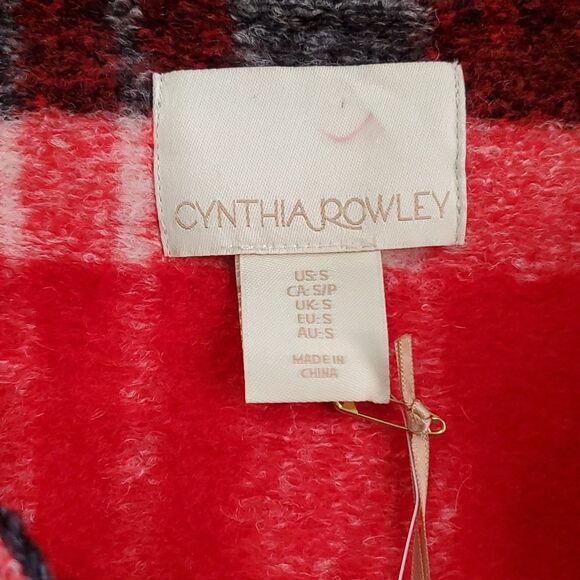 CYNTHIA ROWLEY Crew Neck Red Multicolor Plaid Wool Blend Tweed Coat, Size Small - Picture 3 of 8